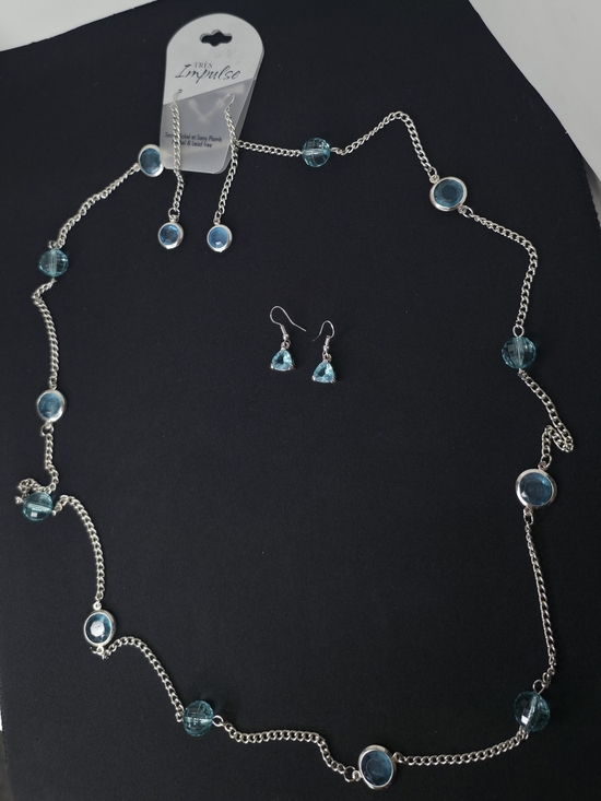 Vintage Jewelry - Vintage Sapphire Blue Faceted Station Necklace Matching Earrings Set 3pc